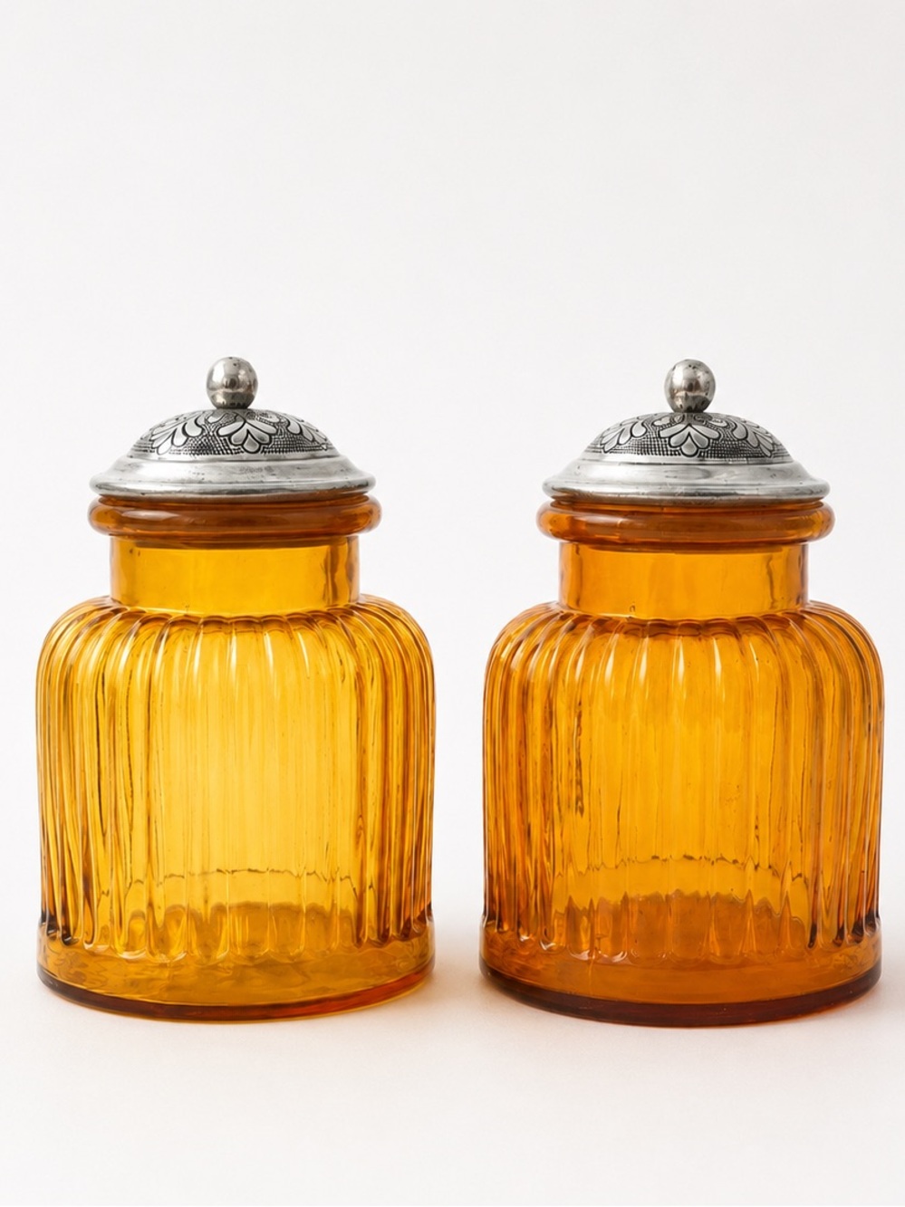 Vintage 9” Amber Ribbed Glass Kitchen Canister Set with Pewter Lids | Home Art
